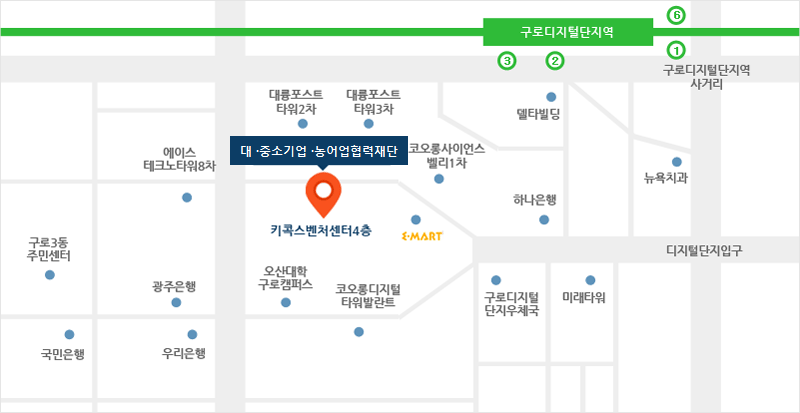 구로디지털단지역(2호선) : 2번출구에서 횡단보도를 건너 델타빌딩을 지나 하나은행건물에서 좌회전하여 이마트 방향으로 직진, 이마트 옆에 위치함